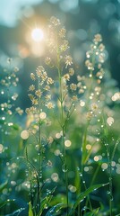 A field of tall grasses with sunlight shining on them