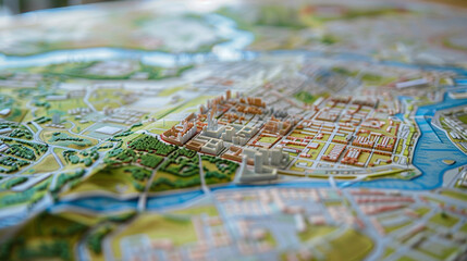 An urban planning classroom with maps and urban development projects for sustainable city planning.