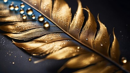 gilded feather adorned with tiny dewdrops.