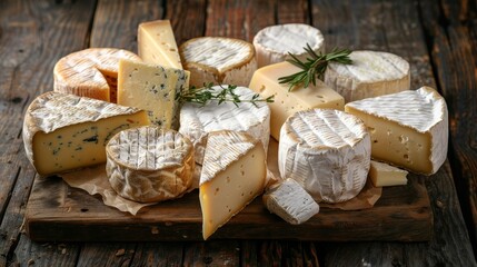 A sophisticated top view of assorted cow's milk cheeses, including fresh and aged Camembert, on a rustic cutting board, perfect for gourmet ads.