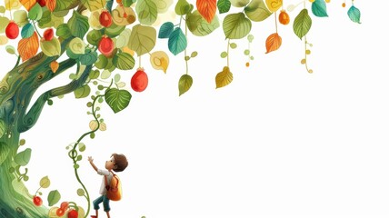 A childrens book illustration of Jack climbing a giant beanstalk with colorful bean pods hanging down