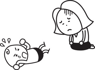 泣き叫ぶ子供を前に悲しい顔をする母親、女性