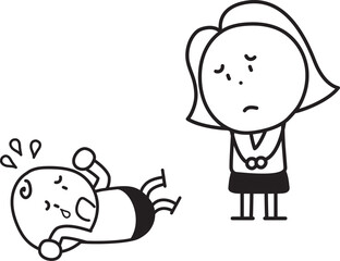 泣き叫ぶ子供を前に悲しい顔をする母親、女性