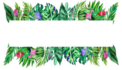 Tropical Flowers, Leaves, Frame, Border, watercolor Illustration, Decoration, Mothers day 