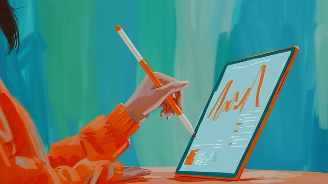 An artist uses a stylus to draw on a tablet.