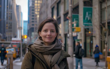 Fototapeta premium A beautiful businesswoman stands on the street of financial district, smiling at the camera, wearing a warm jacket and scarf. atmosphere of busy city life. lively urban vibe. generative AI