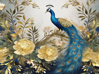 Abstract artistic background. Vintage illustration, flowers and plants, branches, peacocks, golden brushstrokes. Textured background.