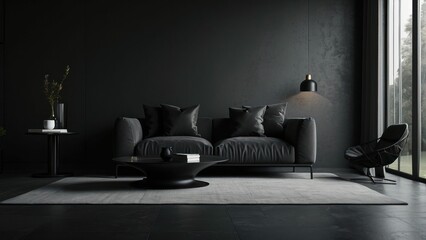 Obraz premium A sleek and modern living room with dark tones and luxury accents