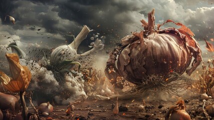 A mythological scene of a fierce garlic warrior battling a monstrous onion in a fantastical battlefield