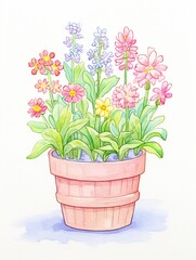 A delicate watercolor of a terra cotta pot filled with an assortment of vibrant, colorful flowers, beautifully rendered with a soft touch.