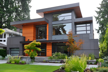 Modern contemporary illuminated house design exterior. Luxurious new construction home with panoramic windows, pool, patio