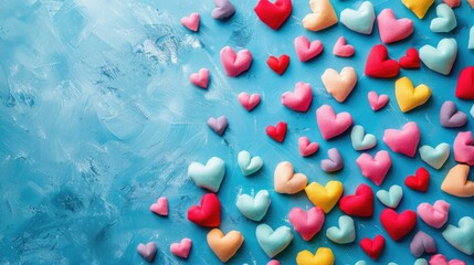 A vibrant display of colorful hearts set against a soothing blue backdrop embodying the essence of love and Valentine s Day The image offers ample space for additional content captured beau