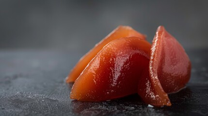 Artistic close-up of quince paste, emphasizing rich color and smooth texture, on a minimalistic background, great for dessert promotions, studio illumination.