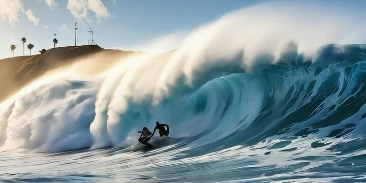 man surfer under splash of tidal waves on the beach
