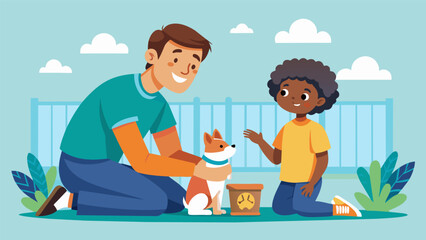 A mentor and their mentee volunteering at a local animal shelter teaching the importance of community service and compassion towards animals.. Vector illustration