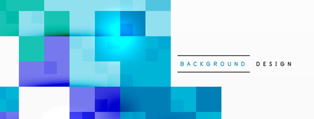 The azure rectangles on a white background create a modern aesthetic. The aqua and electric blue tones complement the magenta squares in a parallel pattern, giving a vibrant and dynamic look