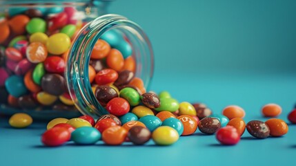 candy spilled from the jar close up on isolated blue background