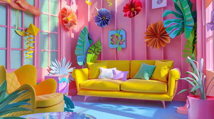 Immerse yourself in the creativity of a 3D living room, bathed in bright colors with paper-cut decorative elements