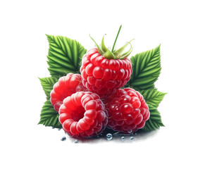 Ripe red fresh raspberry with leaf isolated  on transparent background Ai generative.