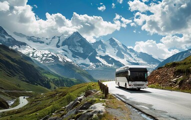 Tourist white bus on mountain road. Purpose of journey 