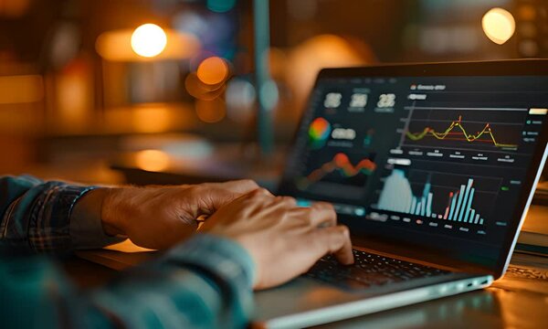 Businessman using laptop with digital marketing data on screen.
