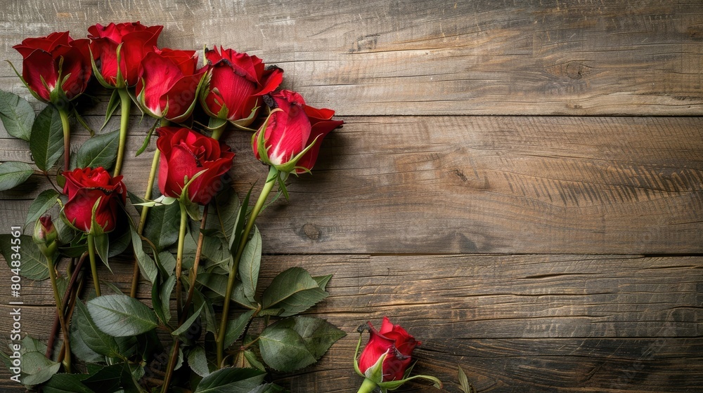 Sticker Beautiful fresh red roses sitting on a wooden desk in anticipation of Mother s Day