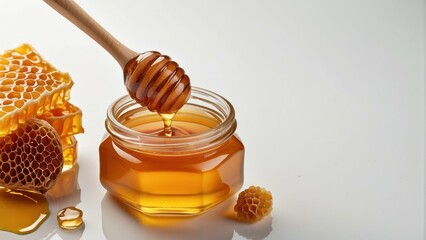 Honey pouring from honeycomb into jar with wooden dipper