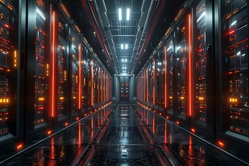 Storage facility with rows of sleek futuristic data servers
