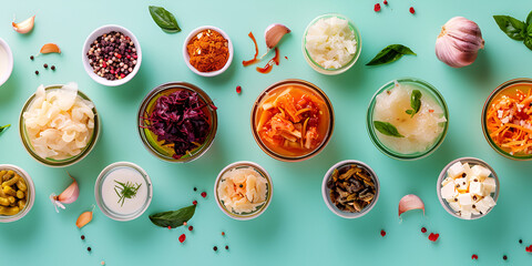 Variety of fermented foods on light mint background Pickled vegetables and mushrooms in a white...