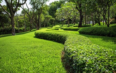 Fresh green burmuda grass, smooth grass like a carpet with curved bushes, trees in the background,