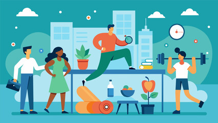 A health and wellness fair held at the office providing resources for employees to learn about different workout options and healthy habits.. Vector illustration