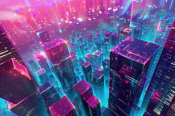 Night city with glowing skyscrapers and neon lights.