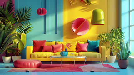 Step into a vibrant 3D living room, where bright colors play harmoniously with paper-cut decorative elements. Let AI craft this imaginative interior into a realistic image captured by an HD camera.