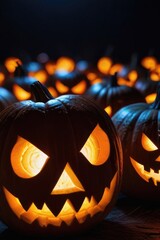 Candle lit Halloween Pumpkins. illuminated carved pumpkins with different evil faces in darkness at Halloween night. 