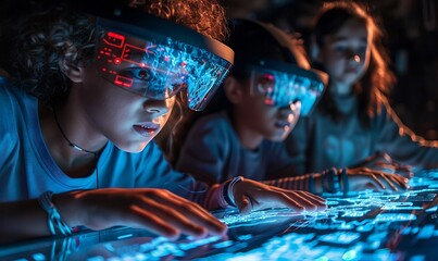 Education technology, students interacting with holographic displays