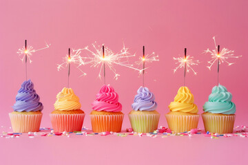 Birthday colorful cupcakes with color cream, with sparklers on pink background, space for text