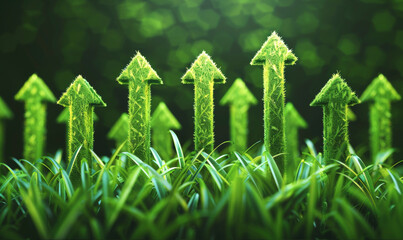 Abstract green grass arrows on green grass pointing up against greenery bokeh background. Success and growth concept.