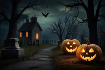 Candle lit Halloween Pumpkins. illuminated carved pumpkins with different evil faces in darkness at Halloween night. 