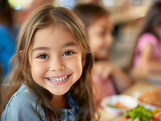 Portrait of cute little girl smiling at camera during lunch at school