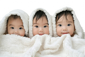 Three adorable smiling asian baby boys wrapped in a white towels on white background.