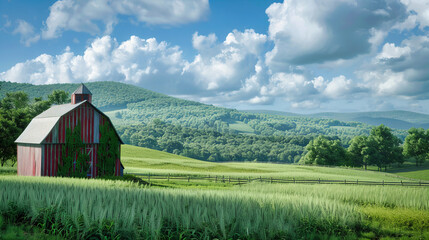 Scenic Summer Countryside, Green Fields and Distant Hills Under a Cloudy Blue Sky