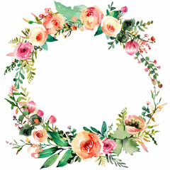 watercolor Blank white spec on beautiful floral wreath wedding invitation card template.