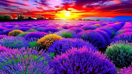 Lavender field sunset and lines. Beautiful lavender blooming scented flowers at sunset.
