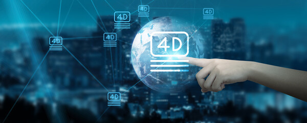 Hand Touching global network connection on a 4D interface, weaving through time, space, data, and imagination, forging pathways into the future of technology and futuristic connectivity.