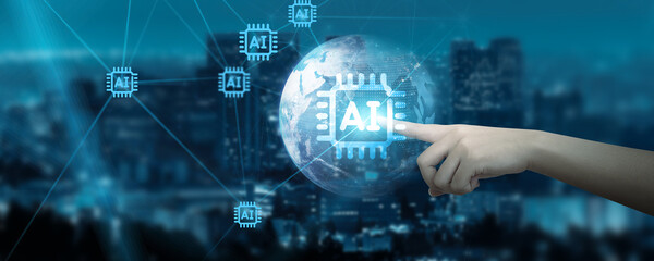 Hand Touching global network connection on AI, machine learning, data analytics, cloud computing,...