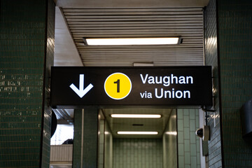 Naklejka premium Vaughan via Union sign on subway station platform. Toronto, Canada - April 30, 2024.