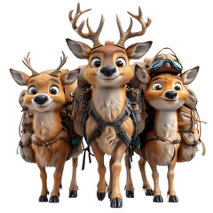 A 3D animated cartoon render of a helpful deer showing lost hikers the way.