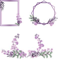 Elegant hand drawn purple leaves watercolor arrangement, frame leaves