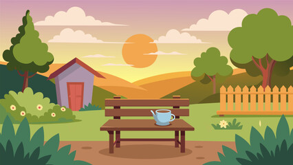Fototapeta premium In a quiet corner of the cottage garden a worn wooden bench invites visitors to pause and enjoy a cup of tea while basking in the warm glow of the.