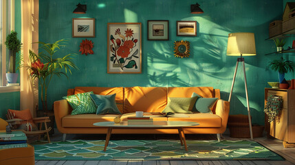 Witness the charm of a 3D living room adorned with vivid colors and intricate paper-cut decorative elemen  